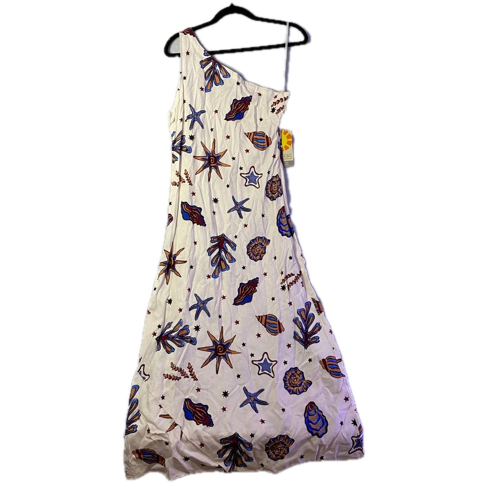C&C California White One-Shoulder Maxi Dress with Blue and Brown Sea Shell Print